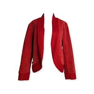 Coldwater Creek Red Suede Open Front Jacket ~ Sweater Trim
